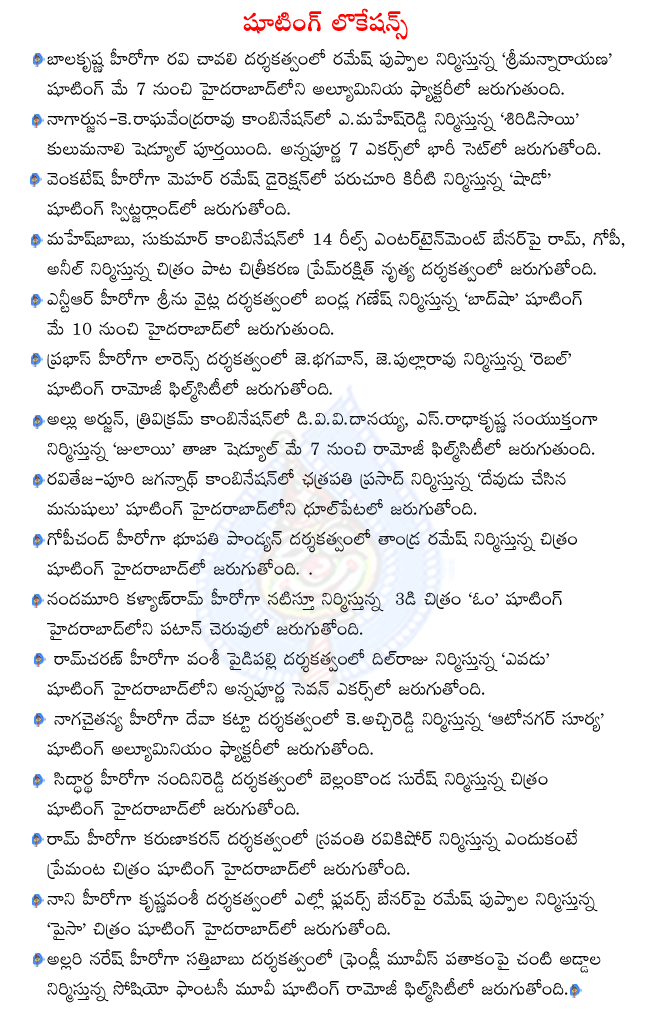 balakrishna in srimannarayana shooting,nagarjuna in shirdi sai shooting,mahesh in sukumar movie shooting,prabhas in rebel shooting,ntr in badshah shooting,venkatesh in shadow shooting,allu arjun in julayi shooting  balakrishna in srimannarayana shooting, nagarjuna in shirdi sai shooting, mahesh in sukumar movie shooting, prabhas in rebel shooting, ntr in badshah shooting, venkatesh in shadow shooting, allu arjun in julayi shooting